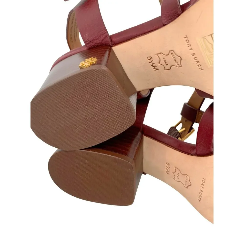 TORY BURCH Leather Fisherman Block Heel Sandals Claret Red Womens US 5.5
